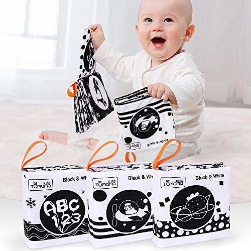 Tumama Libros de Tela Suave para bebés, Libros de Tela en Blanco y Negro Juguetes de Peluche con Animales,Fruta,número,Forma,Juguete de Aprendizaje de Letras para bebés,niños(3packs)