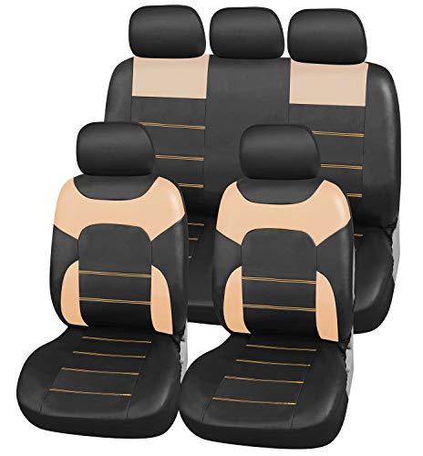 Upgrade4cars Fundas Asientos Coche Beige Poli-Piel | Funda Asiento para Delantero & Trasero | Accesorios Coches Interior Decoracion