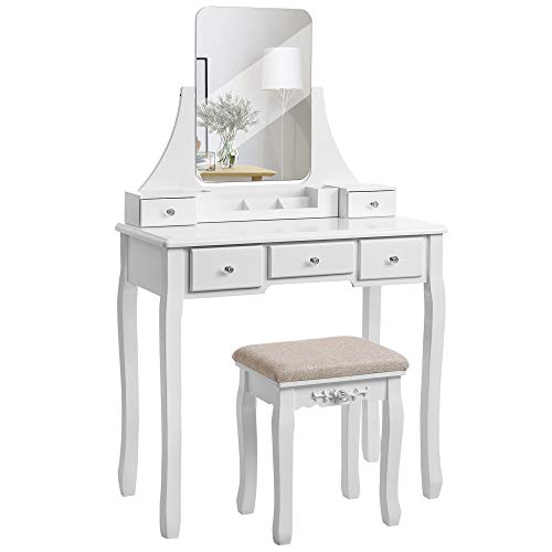 VASAGLE Tocador moderno, Mesa de Maquillaje en MDF y Pino, con Espejo sin Marco, con Caja Móvil, Taburete de Madera de Goma, 5 Cajones, para Dormitorio, Vestidor, Blanco RDT25WT