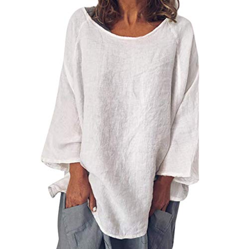 VEMOW Blusa Womens Casual O-Cuello 3/4 Manga Lino sólido Camiseta Suelta Pullover Top(Blanco,M)