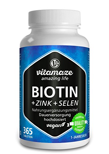 Vitamaze® Biotina 10000 mcg de dosis alta + Selenio + Zinc para crecimiento del cabello, cabello y uñas - 365 tabletas veganas para 1 año - producto de calidad alemana sin aditivos innecesarios