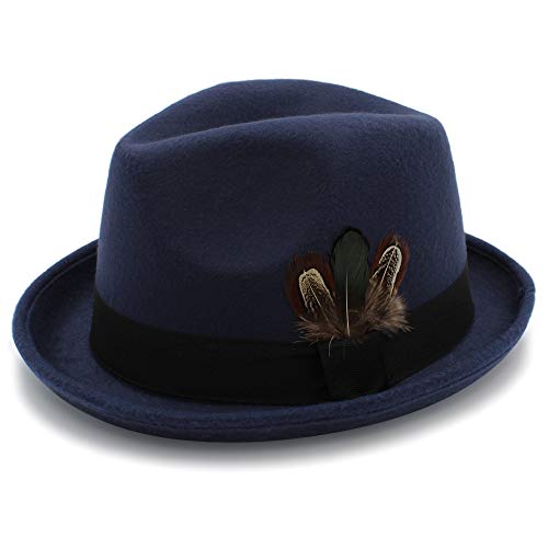 Xuguiping Sombrero de Fedora de 6 Colores for Mujeres, Hombres, Sombrero de Panamá con Plumas, otoño, Hembra (Color : Dark Blue, Size : 56-58 cm)