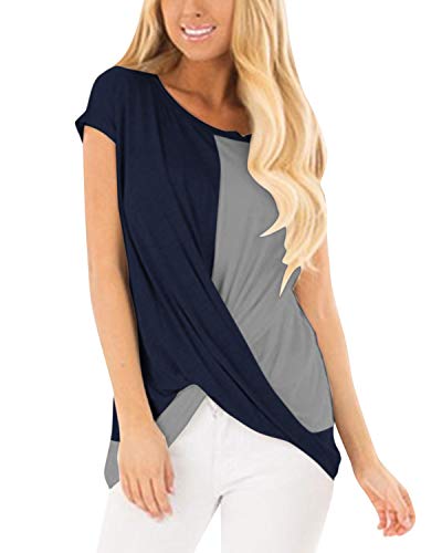 YOINS - Camiseta sexy para mujer de verano, blusa, parte superior de color degradado, blusa cruzada Color Block-azul oscuro. S