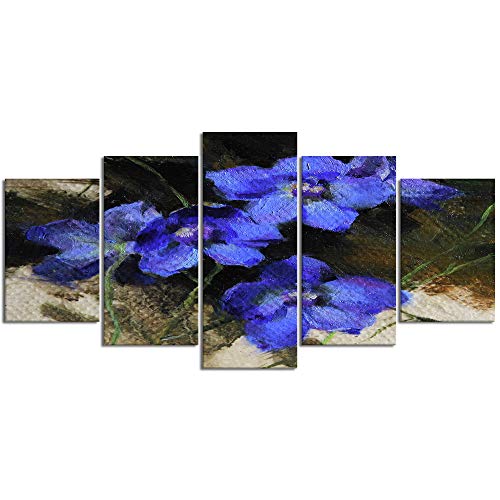 ZORMIEY Cuadro en Lienzo,5 Partes Pintura al óleo Flores Azules Florales Miniatura Delphinium bodegones Florales bodegones Anna Rose Bain de Arte de Pared Decoración del Hogar para el Cartel Modular