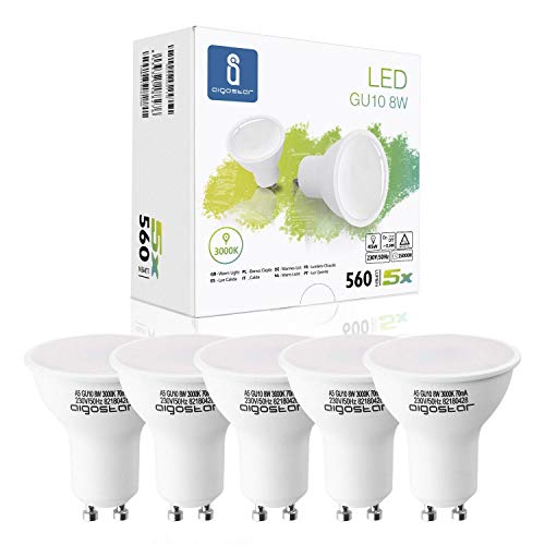 Aigostar - Bombilla LED 8W GU10, Luz calida 3000K, 560lm, Esmerilada, no regulable - Caja de 5 unidades Aigostar - Bombilla LED 8W GU10, Luz calida 3000K, 560lm, Esmerilada, no regulable - Caja de 5 unidades