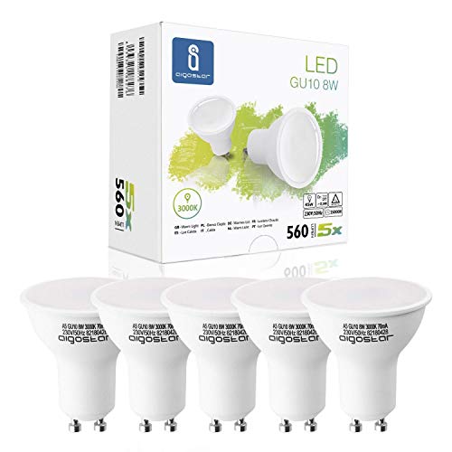 Aigostar - Bombilla LED 8W GU10, Luz calida 3000K, 560lm, Esmerilada, no regulable - Caja de 5 unidades