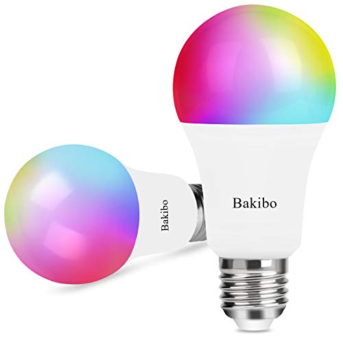 bakibo Bombilla LED Inteligente WiFi Regulable 9W 1000 Lm Lámpara, E27 Multicolor Bombilla Compatible con Alexa, Echo e Google Home, A19 90W Equivalente RGBCW Color Cambio Bombilla, 2 Pcs