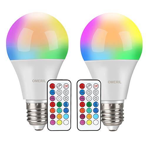 Bombilla LED Colores (2 Pack), OMERIL RGBW Bombilla LED E27 10W con Control Remoto, Función de Temporización y Memoria, 12 RGB Colores, Luz Ambiente Regulable para Hogar, Decoración, Bar, Fiesta, KTV