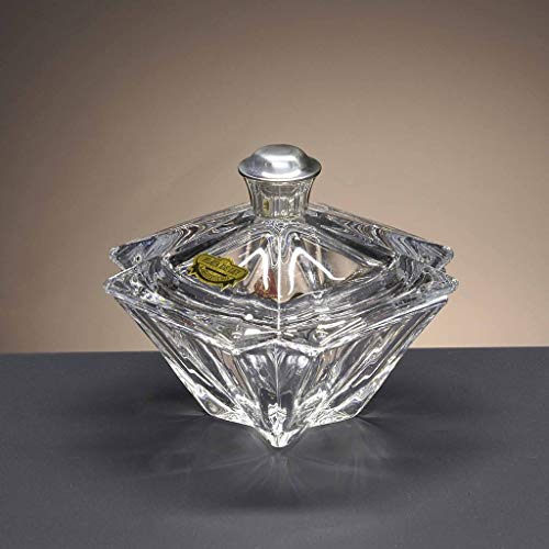 Bombonera de Cristal - para Caramelos o Dulces - de Bohemia - colección Metropolitan - pomo en Plata de Ley 925-12,5x12,5x12 cm.