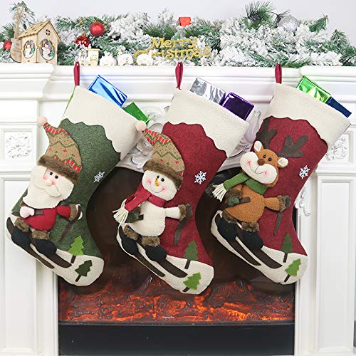 Calcetín de navidad 3 pcs,Medias de regalo de saco de Navidad para la decoración del árbol ,Adorno de Navidad Bolsa de dulces , Calcetín de decoración navideña Para llenar y colgar (46 * 25 cm)