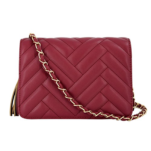 CRAZYCHIC - Bolso Bandolera Hombro Cadena Mujer - Cuero de la PU Acolchado Patrón de Chevron - Cartera de Mano Bolsos de Fiesta Embrague Noche Borlas Flecos - Elegante Boda Viaje - Rojo Burdeos