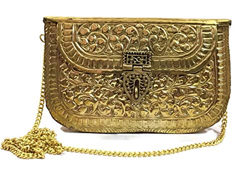 Gannu Clutch de metal de latón hecho a mano bolso nupcial para niña Artículo de regalo para fiesta de mujer Bolso cruzado étnico antiguo (Dorado)