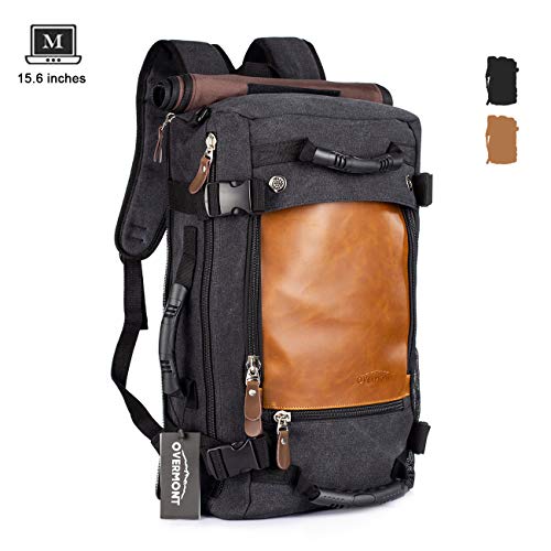 Overmont 40L Multifuncional portátil Vintage Mochila Bolsa Macuto de Lona Cuero para excursión Camping Senderismo Acampada Viaje activiadad al Aire Libre Caqui/Negro