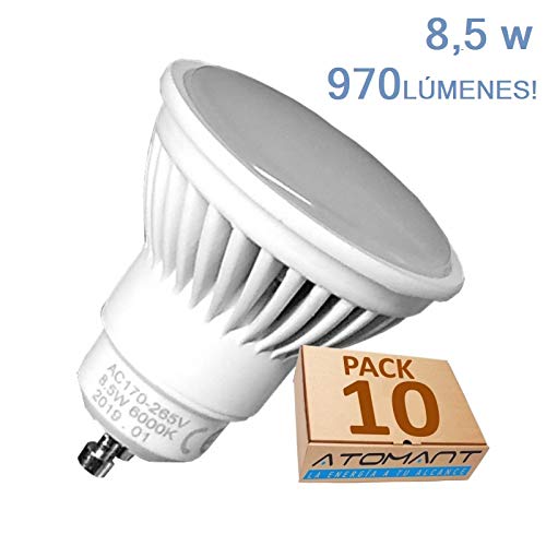 Pack 10x GU10 LED 8,5w Potentisima. Color Blanco cálido (3000K). 970 lumenes reales. Unica con Angulo de 120 grados.