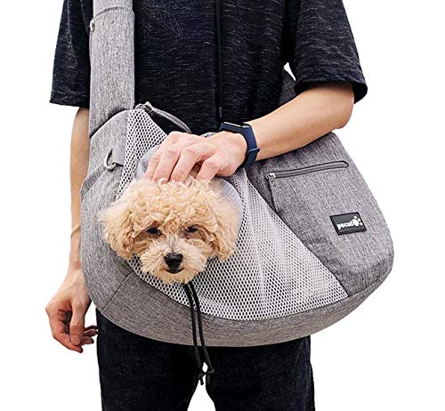 Pecute Bolso Perro Pequeño, Bolsa Bandolera de Transporte de Gatos, Correa de Hombro cómoda Acolchada Ajustable con Bolsill, con Cuerda de Seguridad Anti-caida, Cachorros Menos de 10 kg(Gris)