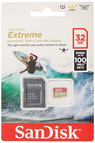 SanDisk - Tarjeta de Memoria Extreme 32 GB microSDHC para cámaras de Deportes de acción + Adaptador SD, Velocidad de Lectura hasta 100 MB/s, Clase 10, U3, V30 y A1