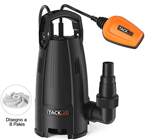 TACKLIFE Bomba Sumergible, Bombas de Aguas Sucias 400W, 9000 L/H, 6M de Inmersión, 5M de Altura de Entrega, 8 Impulsores Potencia, Máx Gránulo 25 mm, Cable de 10M, Interruptor de Flotación GSUP2B