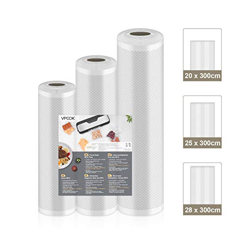 VPCOK Rollos al Vacio para Envasadora al Vacío, 3 Rolls de Varios Tamaños,Almacenaje de Alimentos,Cocina,Sous Vide, 28x300cm/25x300cm/20x300cm