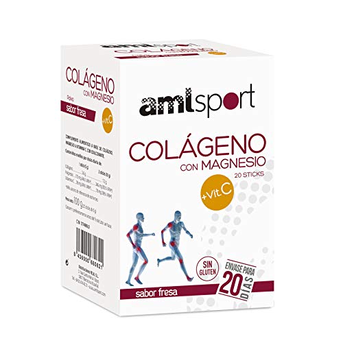 AMLsport - Colágeno con magnesio + VIT C – 20 sticks (sabor fresa). Articulaciones fuertes. Regenerador de tejidos con colageno hidrolizado tipo 1 y 2. Envase para 20 días de tratamiento.
