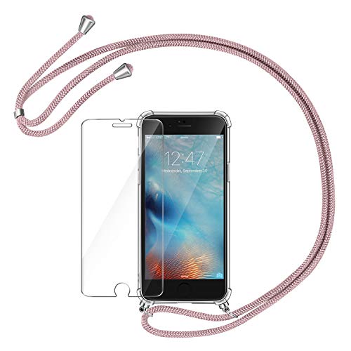 AROYI Funda con Cuerda para iPhone 6 / 6S + Protector Pantalla, Carcasa Transparente TPU Silicona Case con Colgante Ajustable Collar Correa de Cuello Cadena Cordón para iPhone 6 / 6S - Oro Rosa