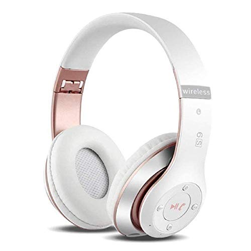 Auriculares Cerrados Inalámbricos 6S, Alta fidelidad Estéreo Auriculares Estéreo Inalámbricos Plegables, Micrófono Incorporado, Micro SD/TF, FM (para iPhone/Samsung/iPad/PC) (Blanco y Oro Rosa)