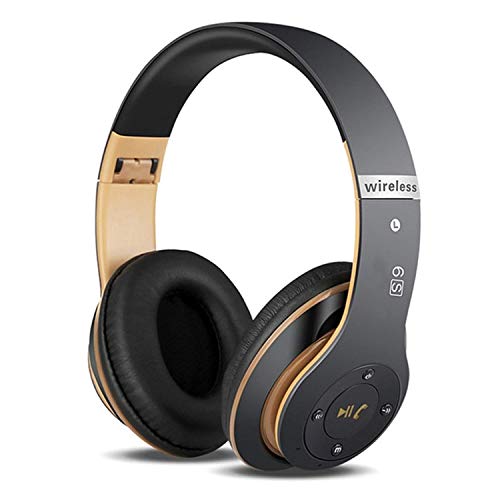 Auriculares Cerrados Inalámbricos 6S, Alta fidelidad Estéreo Auriculares Estéreo Inalámbricos Plegables, Micrófono Incorporado, Micro SD/TF, FM (para iPhone/Samsung/iPad/PC) (Negro y Oro)