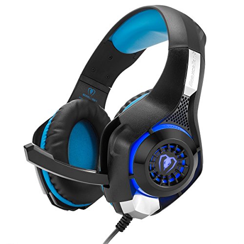 Auriculares gaming, GM-1 Auriculares Mejorados para Playstation PS4 PSP Xbox One Tablet iPhone iMac iPad, con PC Microphone Adaptador Cable - Negro Azul