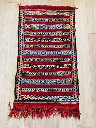 Auténtica alfombra marroquí tejida a mano Kilim 100% lana – rojo, negro, verde y amarillo – 1,10 x 0,60 m