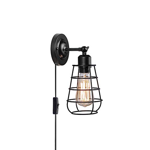 BAYCHEER industrial Aplique de pared de pared de jaula antigua Aplique de hierro 1 cabeza con enchufe negro para la cabecera del dormitorio BAYCHEER industrial Aplique de pared de pared de jaula antigua Aplique de hierro 1 cabeza con enchufe negro para la cabecera del dormitorio