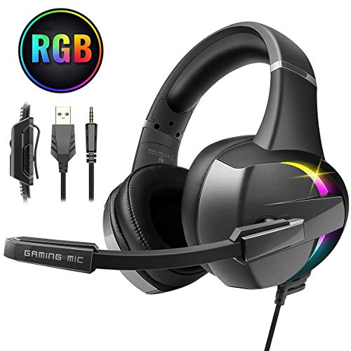 Beexcellent Cascos PS4, Auriculares PS4 con Micrófono Flexible, 50mm Estéreo Envolventes, Orejeras Cómodas Iluminación RGB para PS4 Xbox One PC Tablet