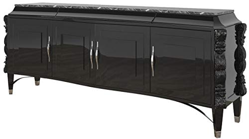 Casa Padrino aparador Art Decó Negro/Plata 220 x 50 x A. 90 cm - Gabinete de salón Noble con 4 Puertas y encimera de mármol - Muebles Art Deco