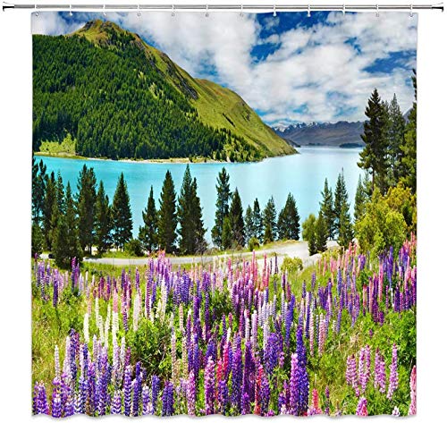 Colección de decoración de apartamentos, lago de montaña y flores de colores flor de pinos Nueva Zelanda Vista al lago, cortina de baño de tela de poliéster, púrpura rosa azul - 55 x 72 Inch