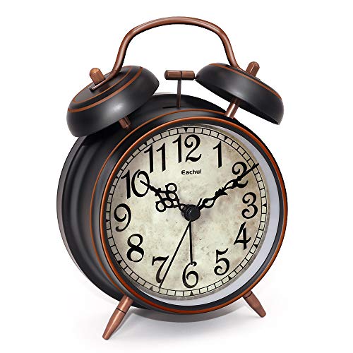 Eachui Despertador de Doble Campana con luz de Noche, 10cm de dial, analogico, Reloj clásico con Alarma Potente, sin Tic TAC, silencioso (números arábigos)