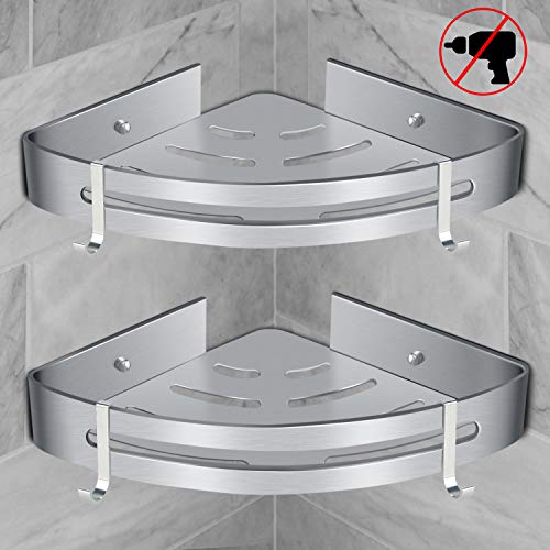 Estanteria Ducha Sin Taladros, RenFox Estantería Baño Esquina Estante Baño Adhesivo Rinconera Ducha Aluminio Estanteria Organizador Pared Para Baño y Cocina, con 4 Ganchos (Triangular, 2 Piezas)