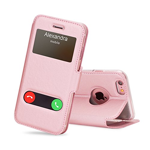 FYY Funda iPhone 6, Funda iPhone 6S, De Soporte Magnetico en la Parte Cubierta y Funcion de Ventana con Vista a Pantalla Superior para Apple iPhone 6/6S Rosa Dorada