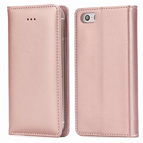 IPHOX Funda Compatible Con iPhone SE 2016 (No para 2020) / iPhone 5S / iPhone 5, Funda con Tapa de Cuero con Cartera en Folio Premium Para Apple iPhone SE 2016 / 5S / 5, Rose Gold/E