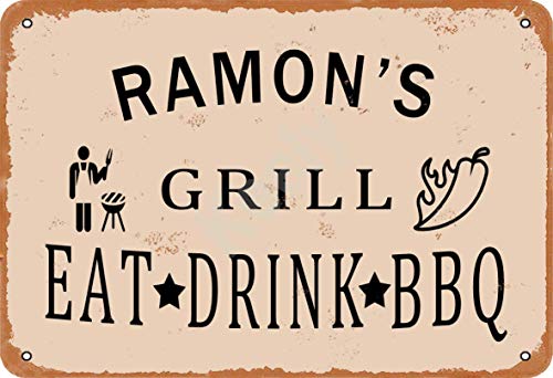 Keely Ramon'S Grill Eat Drink BBQ Metal Vintage Cartel de Chapa Decoración de la Pared 12x8 Pulgadas para Cafe Bares Restaurantes Pubs Hombre Cueva Decorativo