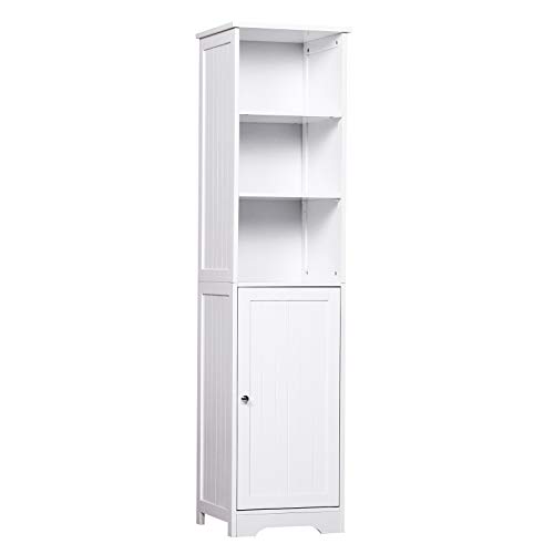 kleankin Mueble Alto de Baño Blanco de 5 Niveles Estantería Columna de Baño con 3 Estantes 1 Puerta Hecho de MDF Compartible con Familia y Resistente al Agua 40x38x160cm