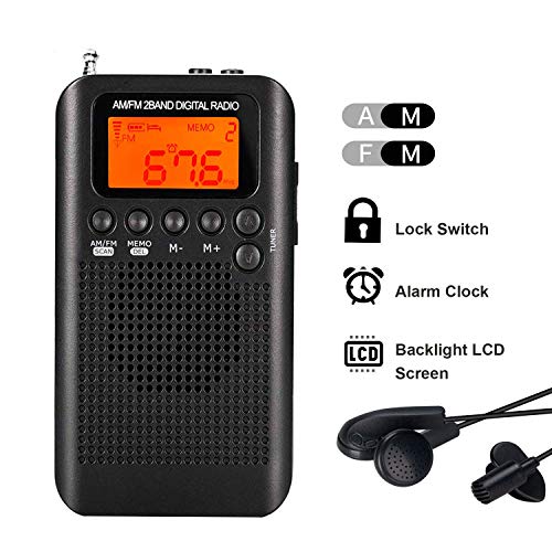 Lychee Radio de Bolsillo Portátil Mini Am Radio Estéreo FM con Altavoz, Reloj Despertador y Temporizador para Dormir, Auriculares (Negro)