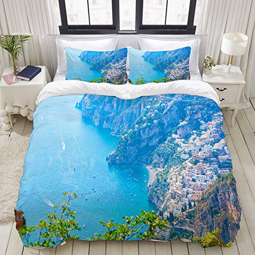 MIGAGA nórdico Juego de Ropa de Cama de 3 Piezas,otoño-invierno,Vista del camino de los dioses y el mar Tirreno y la costa de Positano Amalfi Italia,1 Funda Nórdica y 2 Funda de Almohada (140 x 200cm)