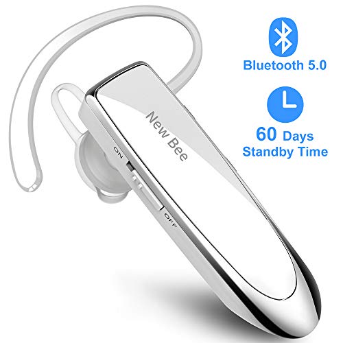 New Bee Manos Libres Auricular Bluetooth Auricular inalámbrico Bluetooth Mano Libre con tecnología de Captura de Voz Clara Auricular Bluetooth para iPhone Samsung Huawei Sony, etc (Blanco)