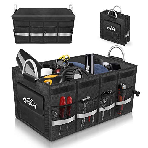 Oasser Organizador Maletero Coche Caja Maletero Coche Bolsa Maletero Coche Organizador Coche con Tapa Gran Capacidad Varios Compartimentos Asas Resistentes Impermeable Plegable Negro E3