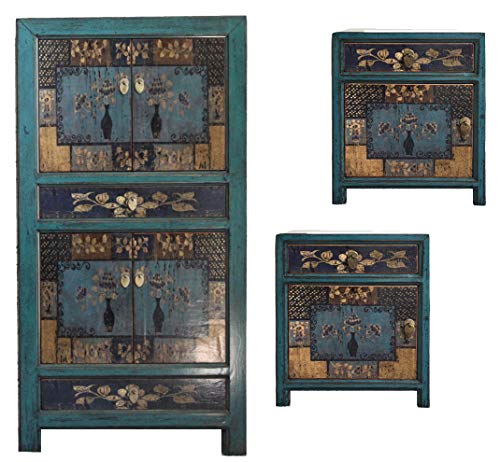 opium outlet - Combinación de armario chino y 2 mesitas de noche, mesita de noche, armario de boda, aparador, estilo colonial, estilo Shabby Chic, varios diseños (azul)