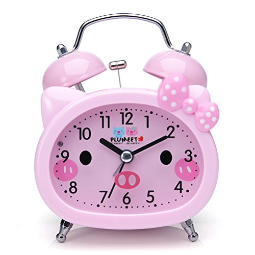 Plumeet Reloj Despertador con Campanas gemelas para Niños Marca Silencioso (sin Tic-TAC) con Tema de Caricatura, operado con baterías (Rosa)