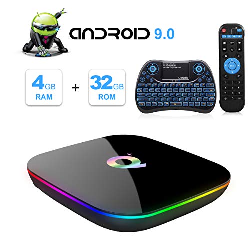 Q Plus Android 9.0 TV Box con Mini Teclado inalámbrico retroiluminado, Allwinner H6 Quad-Core 64bit Arm Corter-A53 CPU 4GB RAM 32GB RAM Mali T720 GPU 4K 6K Resolución 2.4GHz WiFi 100M LAN Enternet