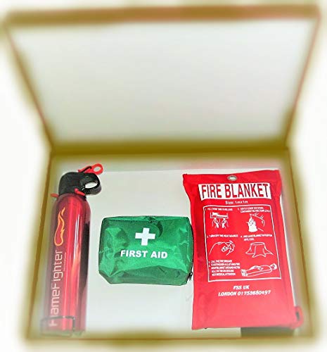 Regalos especiales. Caja de seguridad contra incendios esencial para todos. Extintor de polvo ABC de 600 g, manta ignífuga y kit de primeros auxilios con 42 unidades; ideal para la casa, cocina y oficina