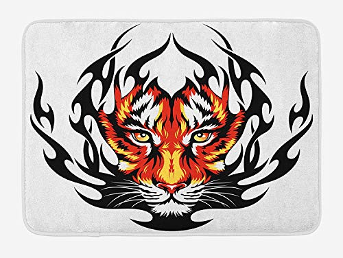 SJuczi Tattoo Bath Mat, Jungle Prince Tigers Head in Black Flames Frame Looking with Cat Eyes Hunting, Plush Bathroom Decor Mat with Non Slip Backing,Black and Orange 19.7x31.5 in