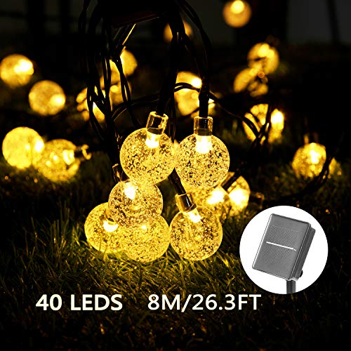 Solar Luces Decorativas 40 LED 8M/26.3FT Impermeable Solar Bola de Cristal Luz Decorativa Luces Exterior Solar Cadena Solar de Luces para Jardín Festival Árbol de Navidad Fiesta Boda (Blanco Cálido)