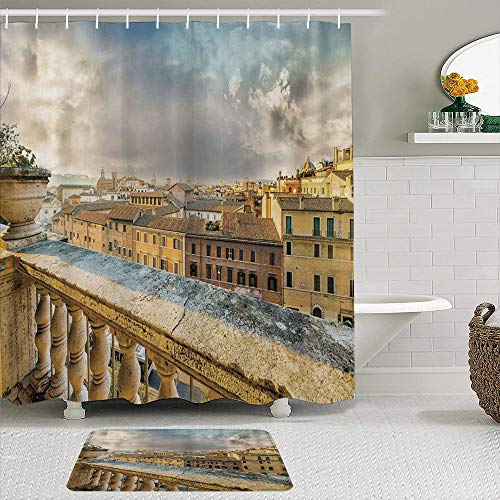 SSZO Juego de Cortinas y tapetes de Ducha de Tela,Vista panorámica del Centro histórico de Roma Desde el Antiguo balcón,Cortinas de baño repelentes al Agua con 12 Ganchos, alfombras Antideslizantes SSZO Juego de Cortinas y tapetes de Ducha de Tela,Vista panorámica del Centro histórico de Roma Desde el Antiguo balcón,Cortinas de baño repelentes al Agua con 12 Ganchos, alfombras Antideslizantes