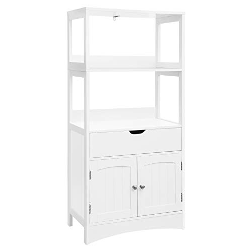 VASAGLE Gabinete de Baño con Cajón, Estantería Alta para Baño, Mueble de Baño Auxiliar con 2 Estantes Abiertos y Armario de Doble Puerta, para Entrada, Cocina, Sala de Estar, Blanco, BBC64WT